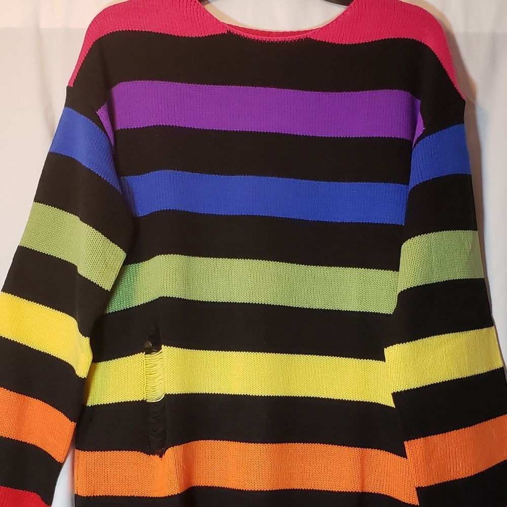 Drop Shoulder Rainbow Striped Pattern Sweater Dress - Picture 9 of 11